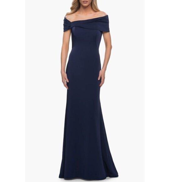 NEW La Femme Off the Shoulder Navy Gown Size 6